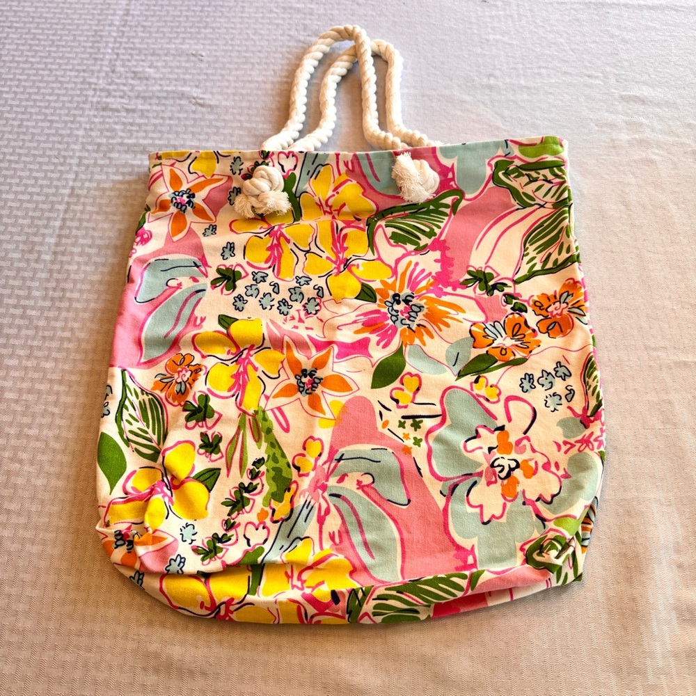 Bright Tropical Floral Canvas Tote Bag Rope Handle Beach Vacation Preppy